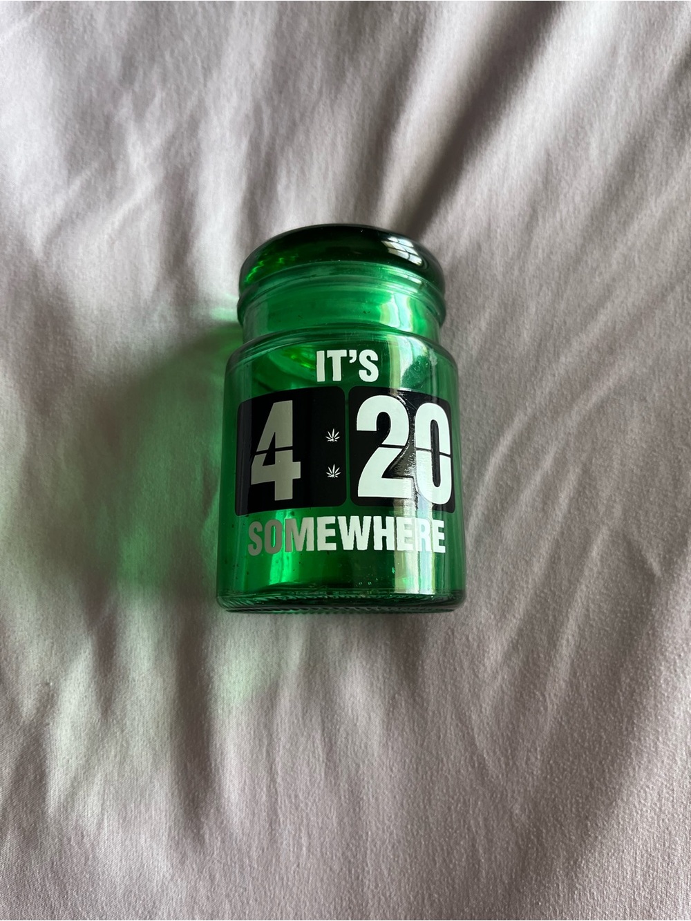 Green Glass Stash Jar "It's 4:20 Somewhere" & ash tray